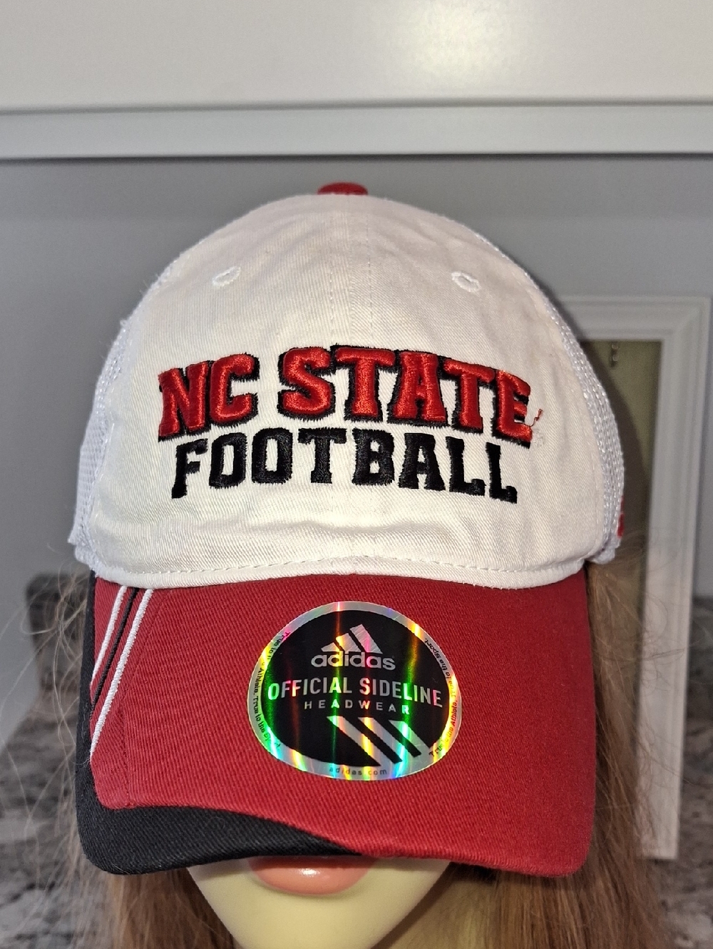 Y2K Adidas Red and White NC STATE Football Mesh Back Cap"Block Letters" Prestine